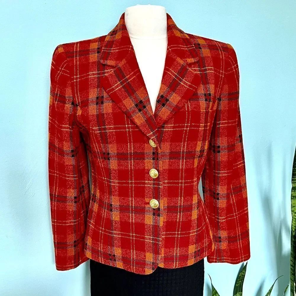Rena Rowan for Saville Size 10 Blazer Red Orange Plaid VIntage 0801